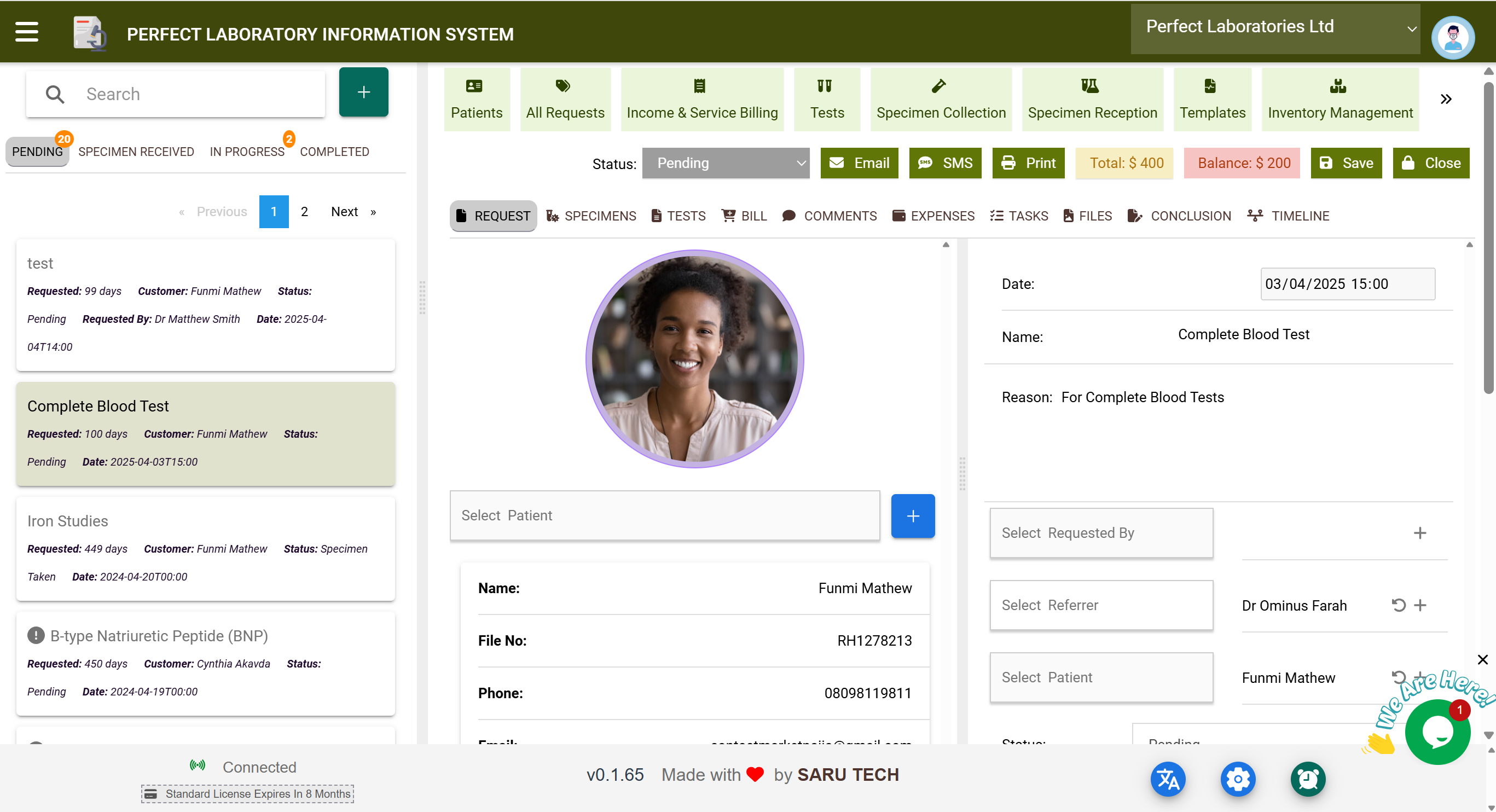 Perfect Laboratory Management System software interface